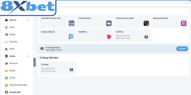 Phương thức được tích hợp trong dịch vụ nạp tiền 8xbet