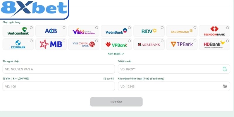 Tiến hành rút tiền 8xbet qua các bước hướng dẫn